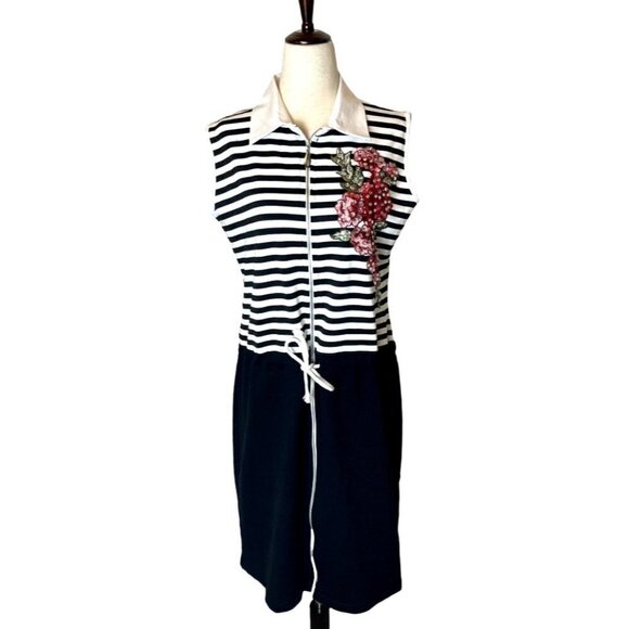 True Joy See You Black And White Striped Organic Cotton Collared Mini Dress S - Picture 1 of 12